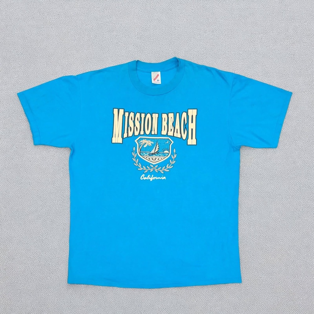 Vintage 90s Mission Beach California T Shirt Mens XL Jerzees Turquoise Sailboat